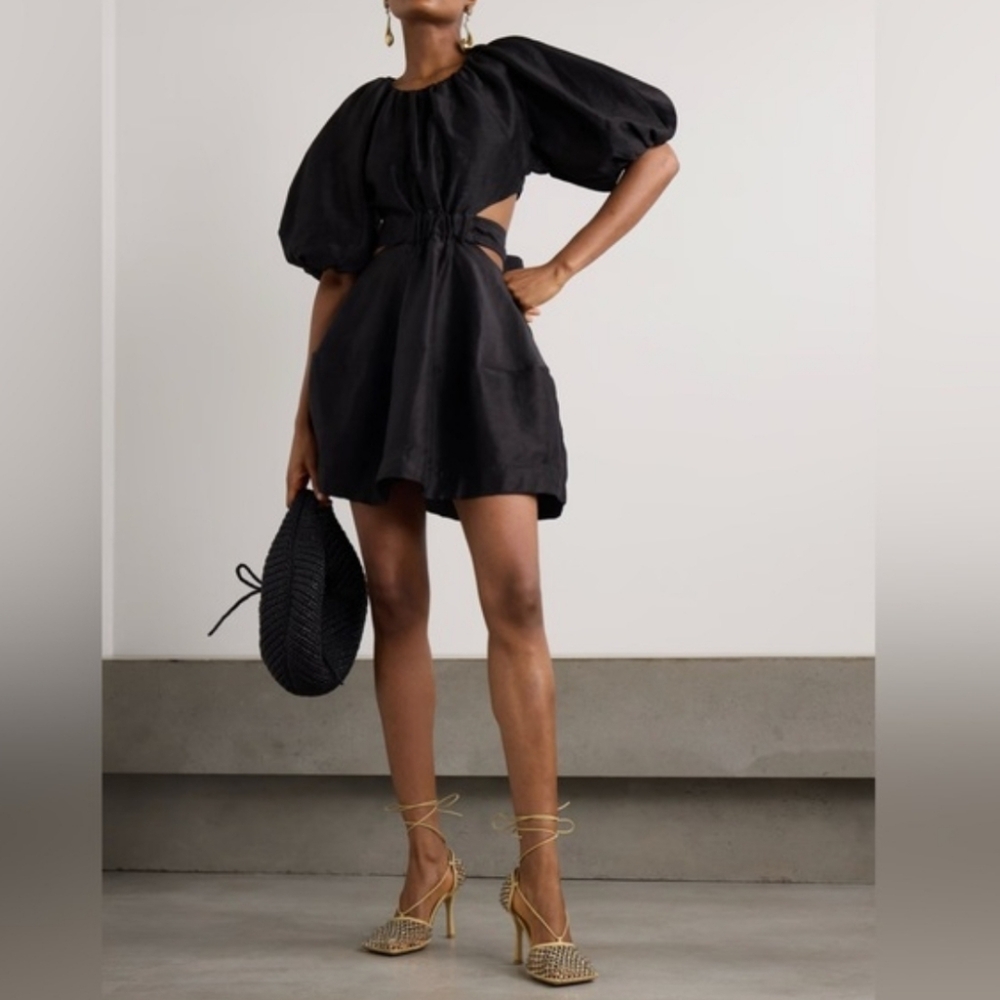 ​Aje Psychedelia Puff Sleeve Cut Out Mini Silk Linen Dress Onyx Black US 4/Small